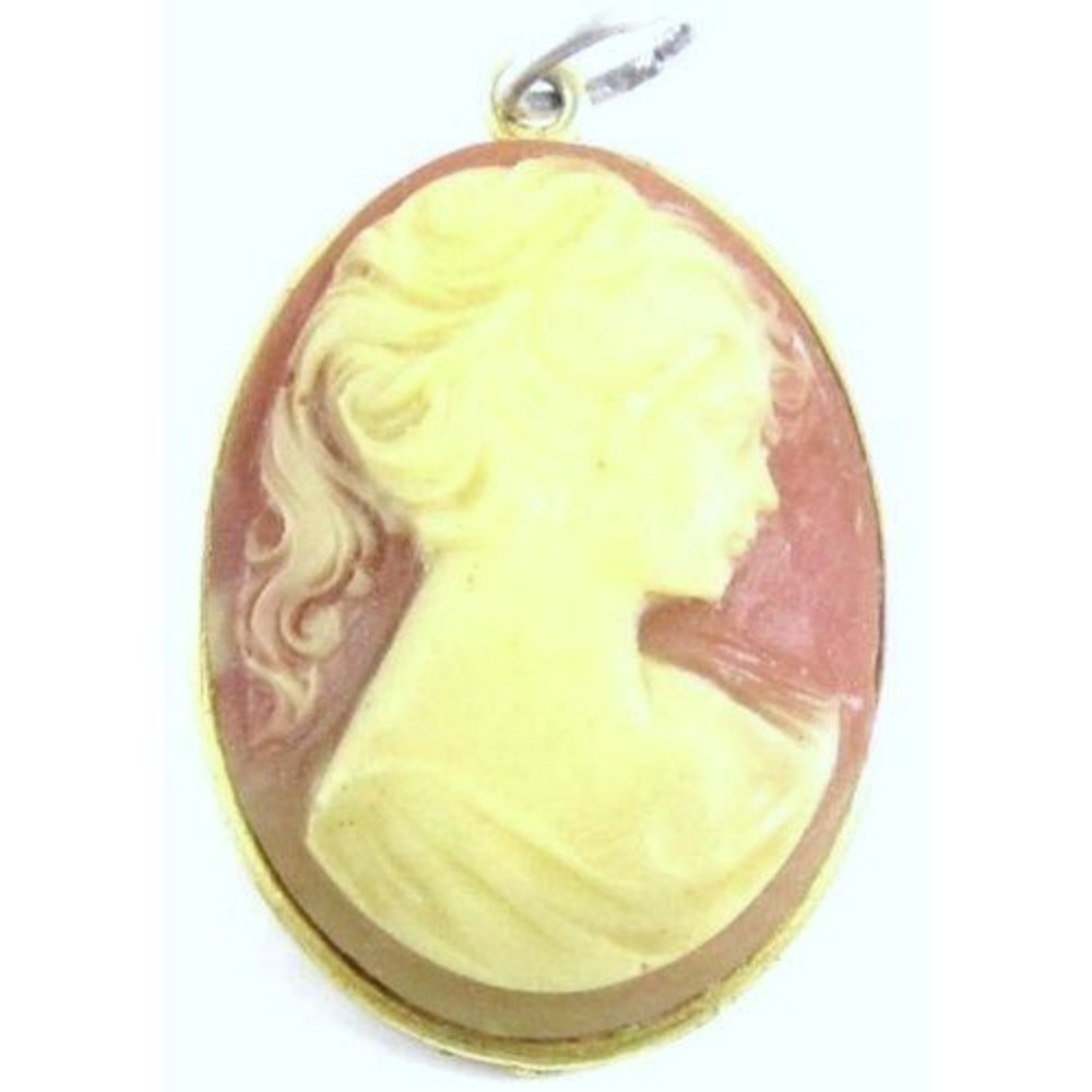Vintage Large Cameo Lady Figural Gold Plated Necklace Pendant*1-7/8"*Resin‎